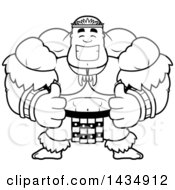 Poster, Art Print Of Cartoon Black And White Lineart Buff Muscular Zulu Warrior Giving Two Thumbs Up