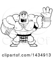 Clipart Of A Cartoon Black And White Lineart Buff Muscular Zulu Warrior Waving Royalty Free Vector Illustration