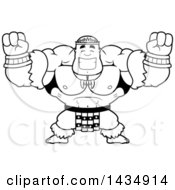 Clipart Of A Cartoon Black And White Lineart Cheering Buff Muscular Zulu Warrior Royalty Free Vector Illustration