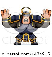 Poster, Art Print Of Cartoon Scared Buff Muscular Samurai Warrior Holding His Hands Up