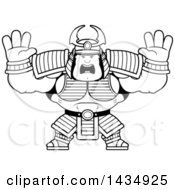 Clipart Of A Cartoon Black And White Lineart Scared Buff Muscular Samurai Warrior Holding His Hands Up Royalty Free Vector Illustration