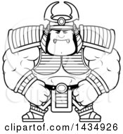 Clipart Of A Cartoon Black And White Lineart Mad Buff Muscular Samurai Warrior Royalty Free Vector Illustration