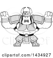 Poster, Art Print Of Cartoon Black And White Lineart Buff Muscular Samurai Warrior Holding His Fists Up In Balls Of Rage