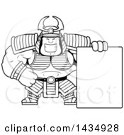 Poster, Art Print Of Cartoon Black And White Lineart Buff Muscular Samurai Warrior With A Blank Sign