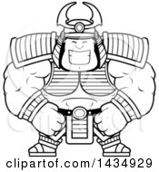Clipart Of A Cartoon Black And White Lineart Happy Buff Muscular Samurai Warrior Royalty Free Vector Illustration