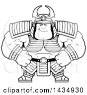 Clipart Of A Cartoon Black And White Lineart Smug Buff Muscular Samurai Warrior Royalty Free Vector Illustration
