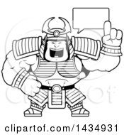 Clipart Of A Cartoon Black And White Lineart Buff Muscular Samurai Warrior Holding Up A Finger And Talking Royalty Free Vector Illustration