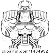 Clipart Of A Cartoon Black And White Lineart Buff Muscular Samurai Warrior Giving Two Thumbs Up Royalty Free Vector Illustration