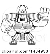 Clipart Of A Cartoon Black And White Lineart Buff Muscular Samurai Warrior Waving Royalty Free Vector Illustration