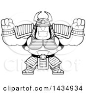 Poster, Art Print Of Cartoon Black And White Lineart Cheering Buff Muscular Samurai Warrior