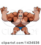 Poster, Art Print Of Cartoon Scared Buff Muscular Black Bodybuilder In A Posing Trunk Holding His Hands Up