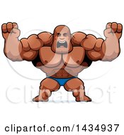 Poster, Art Print Of Cartoon Buff Muscular Black Bodybuilder In A Posing Trunk Holding His Fists Up In Balls Of Rage
