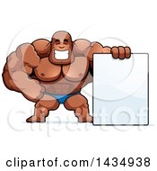 Poster, Art Print Of Cartoon Buff Muscular Black Bodybuilder In A Posing Trunk With A Blank Sign