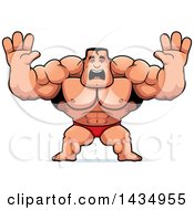 Poster, Art Print Of Cartoon Buff Muscular Beefcake Bodybuilder Competitor Holding His Hands Up And Screaming