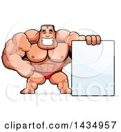 Poster, Art Print Of Cartoon Buff Muscular Beefcake Bodybuilder Competitor With A Blank Sign