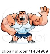 Clipart Of A Cartoon Buff Beefcake Muscular Bodybuilder Waving Royalty Free Vector Illustration by Cory Thoman