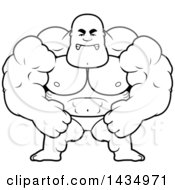 Clipart Of A Cartoon Black And White Lineart Mad Buff Muscular Black Bodybuilder Flexing In A Posing Trunk Royalty Free Vector Illustration