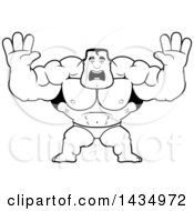Poster, Art Print Of Cartoon Black And White Lineart Buff Muscular Beefcake Bodybuilder Competitor Holding His Hands Up And Screaming
