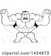 Clipart Of A Cartoon Black And White Lineart Buff Muscular Beefcake Bodybuilder Competitor Holding His Fists In Balls Of Rage Royalty Free Vector Illustration