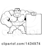 Poster, Art Print Of Cartoon Black And White Lineart Buff Muscular Beefcake Bodybuilder Competitor With A Blank Sign