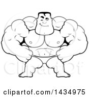 Clipart Of A Cartoon Black And White Lineart Smug Buff Muscular Beefcake Bodybuilder Competitor Royalty Free Vector Illustration