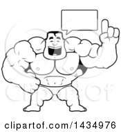 Clipart Of A Cartoon Black And White Lineart Buff Muscular Beefcake Bodybuilder Competitor Talking Royalty Free Vector Illustration
