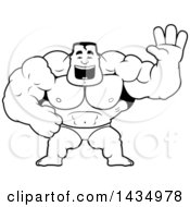Clipart Of A Cartoon Black And White Lineart Buff Muscular Beefcake Bodybuilder Competitor Waving Royalty Free Vector Illustration