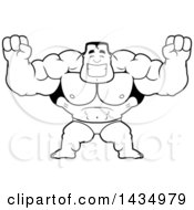 Clipart Of A Cartoon Black And White Lineart Buff Muscular Beefcake Bodybuilder Competitor Cheering Or Flexing Royalty Free Vector Illustration