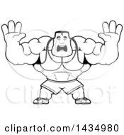 Clipart Of A Cartoon Black And White Lineart Buff Beefcake Muscular Bodybuilder Holding His Hands Up And Screaming Royalty Free Vector Illustration