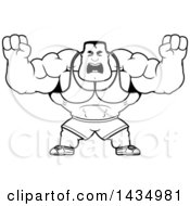 Clipart Of A Cartoon Black And White Lineart Buff Beefcake Muscular Bodybuilder Holding Up Fists In Balls Of Rage Royalty Free Vector Illustration