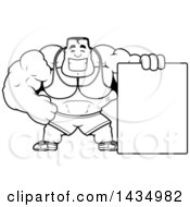 Poster, Art Print Of Cartoon Black And White Lineart Buff Beefcake Muscular Bodybuilder With A Blank Sign