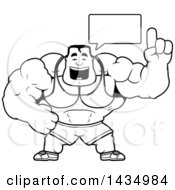 Clipart Of A Cartoon Black And White Lineart Buff Beefcake Muscular Bodybuilder Talking Royalty Free Vector Illustration
