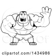 Clipart Of A Cartoon Black And White Lineart Buff Beefcake Muscular Bodybuilder Waving Royalty Free Vector Illustration