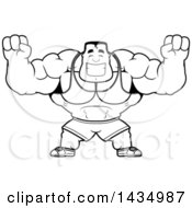 Clipart Of A Cartoon Black And White Lineart Buff Beefcake Muscular Bodybuilder Cheering Royalty Free Vector Illustration