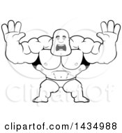 Clipart Of A Cartoon Black And White Lineart Scared Buff Muscular Black Bodybuilder In A Posing Trunk Holding His Hands Up Royalty Free Vector Illustration
