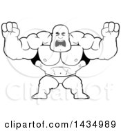 Poster, Art Print Of Cartoon Black And White Lineart Buff Muscular Black Bodybuilder In A Posing Trunk Holding His Fists Up In Balls Of Rage