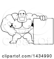 Poster, Art Print Of Cartoon Black And White Lineart Buff Muscular Black Bodybuilder In A Posing Trunk With A Blank Sign