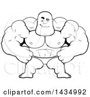 Poster, Art Print Of Cartoon Black And White Lineart Smug Buff Muscular Black Bodybuilder In A Posing Trunk