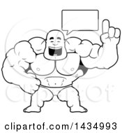 Clipart Of A Cartoon Black And White Lineart Buff Muscular Black Bodybuilder In A Posing Trunk Holding Up A Finger And Talking Royalty Free Vector Illustration