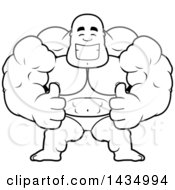 Clipart Of A Cartoon Black And White Lineart Buff Muscular Black Bodybuilder In A Posing Trunk Giving Two Thumbs Up Royalty Free Vector Illustration