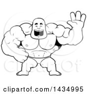 Clipart Of A Cartoon Black And White Lineart Buff Muscular Black Bodybuilder In A Posing Trunk Waving Royalty Free Vector Illustration