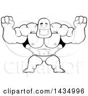 Poster, Art Print Of Cartoon Black And White Lineart Cheering Buff Muscular Black Bodybuilder In A Posing Trunk
