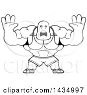 Clipart Of A Cartoon Black And White Lineart Scared Buff Muscular Black Bodybuilder Holding His Hands Up Royalty Free Vector Illustration