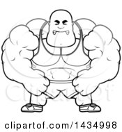 Clipart Of A Cartoon Black And White Lineart Mad Buff Muscular Black Bodybuilder Flexing Royalty Free Vector Illustration