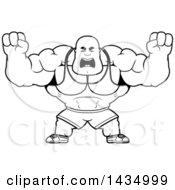 Poster, Art Print Of Cartoon Black And White Lineart Buff Muscular Black Bodybuilder Holding His Fists Up In Balls Of Rage