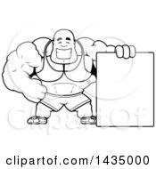 Poster, Art Print Of Cartoon Black And White Lineart Buff Muscular Black Bodybuilder With A Blank Sign