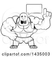 Clipart Of A Cartoon Black And White Lineart Buff Muscular Black Bodybuilder Holding Up A Finger And Talking Royalty Free Vector Illustration