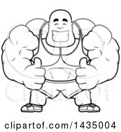 Clipart Of A Cartoon Black And White Lineart Buff Muscular Black Bodybuilder Giving Two Thumbs Up Royalty Free Vector Illustration