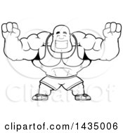 Clipart Of A Cartoon Black And White Lineart Cheering Buff Muscular Black Bodybuilder Royalty Free Vector Illustration