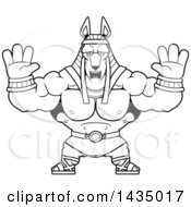 Cartoon Black And White Lineart Buff Muscular Anubis Holding His Hands Up In Fear